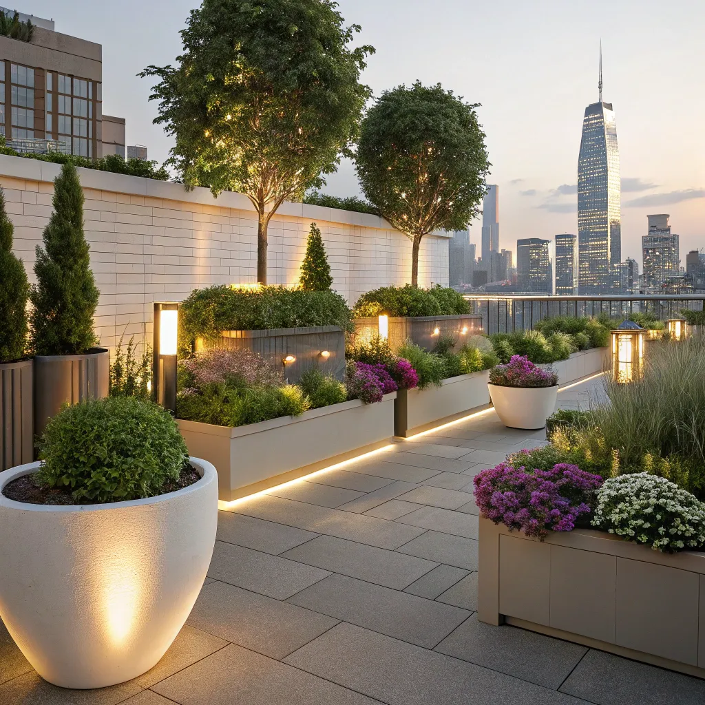 Sophisticated rooftop garden with elegant planters and lighting