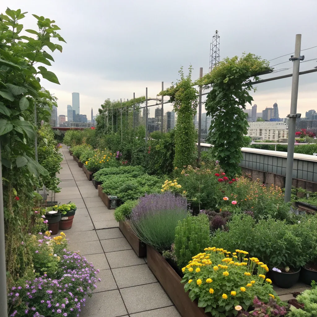 Rooftop garden with diverse plant species