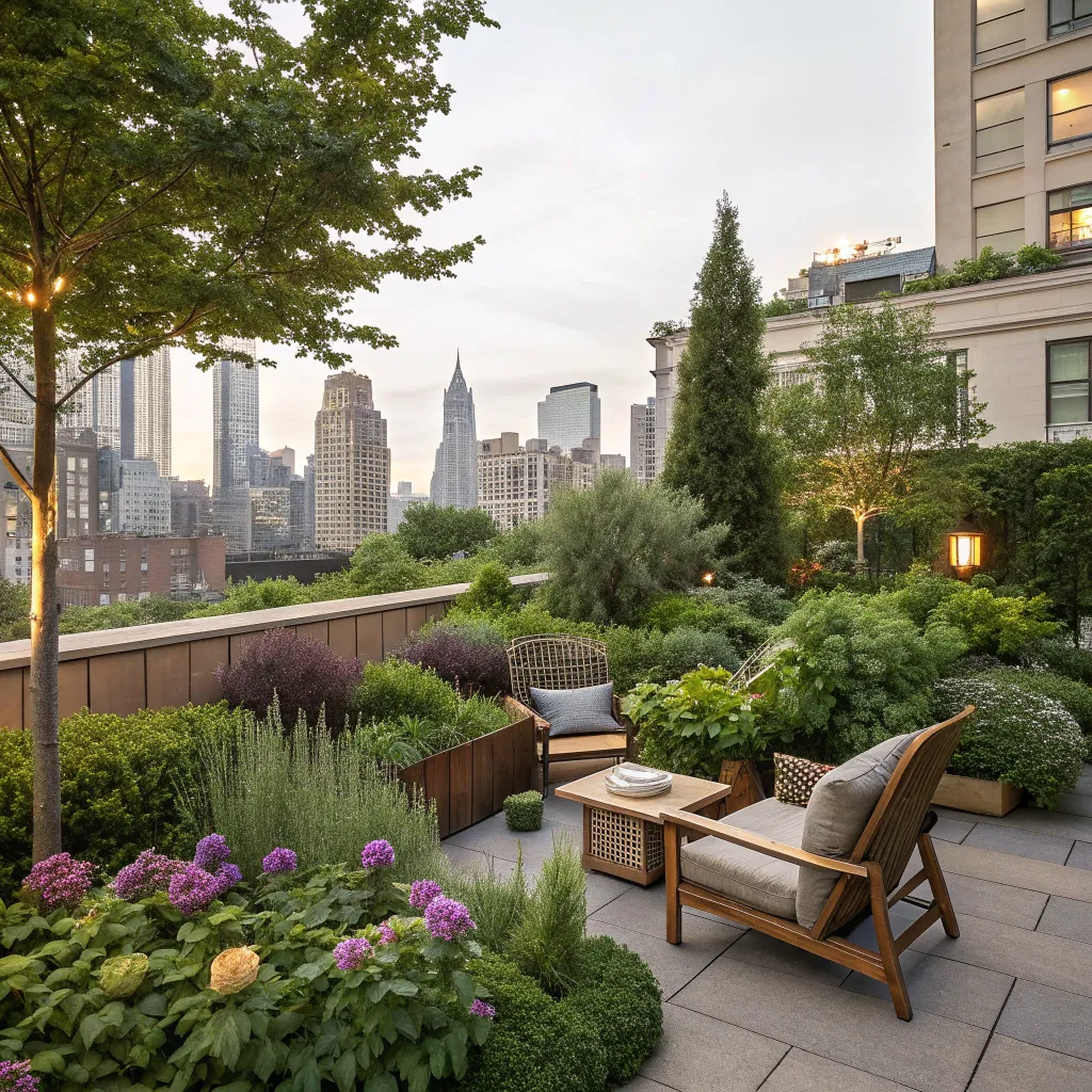 Lush urban rooftop garden with diverse plants and seating area